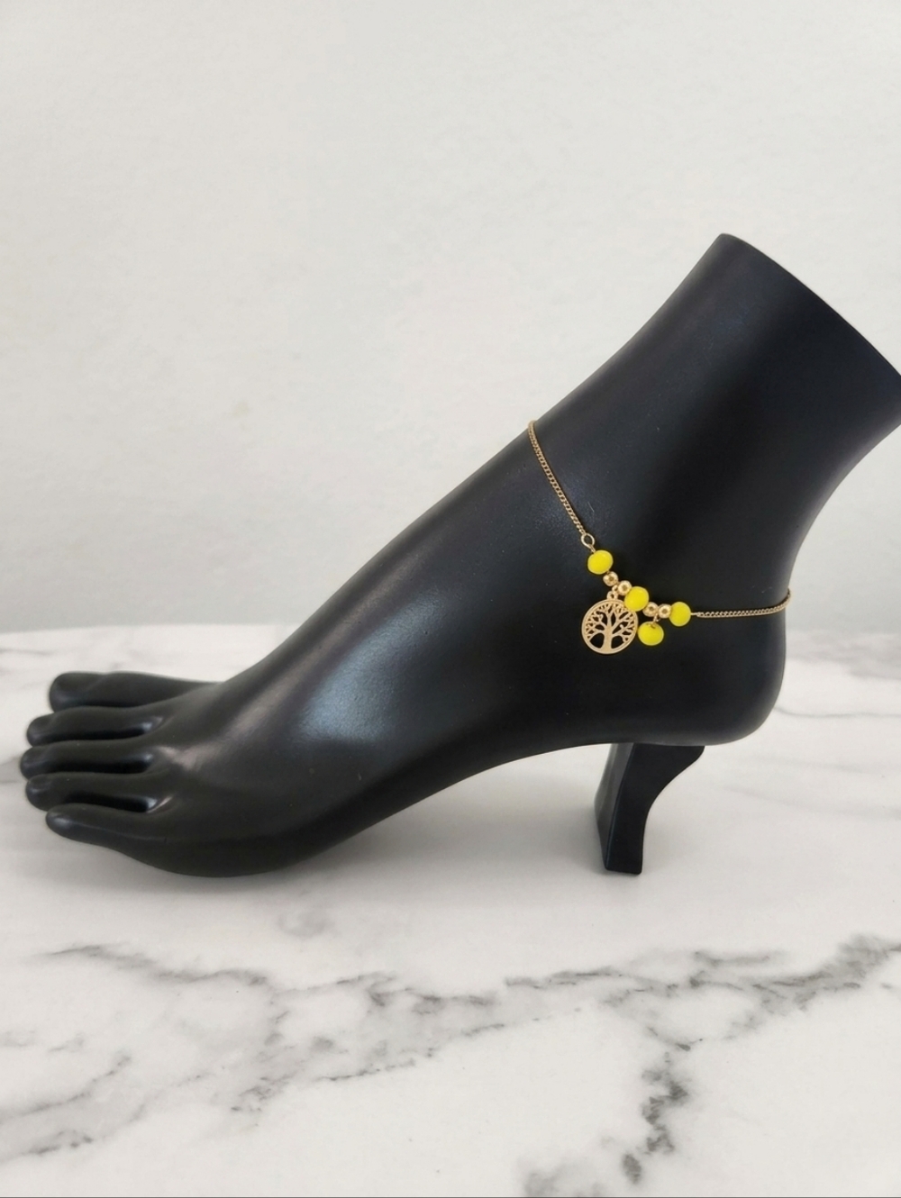 Gold Tree of Life Anklet with Yellow Beads 18K Plated Beachy Adjustable Ankl - Picture 4 of 10